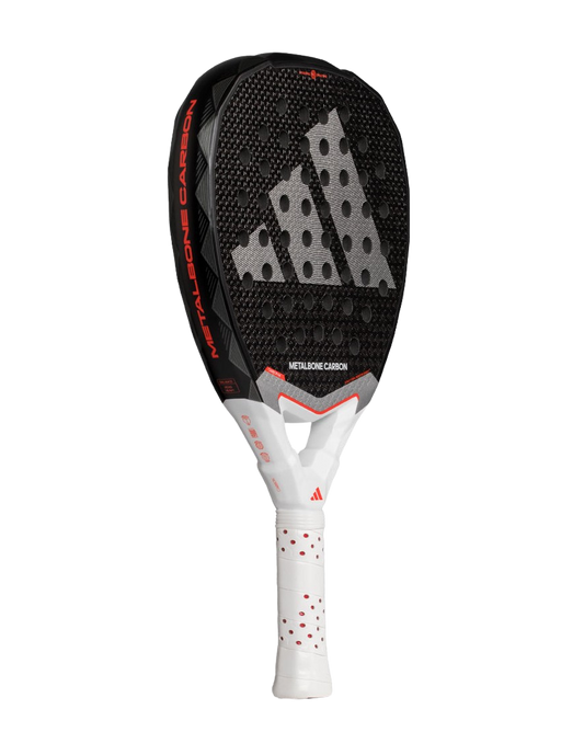 Angled view of the Adidas Metalbone Carbon 3.4 2025 padel racket with carbon face and white handle for advanced players