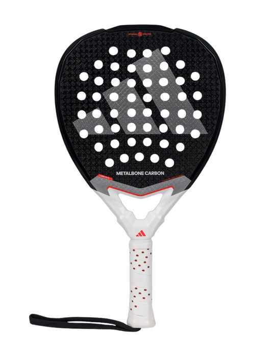 Front view of the Adidas Metalbone Carbon 3.4 25padel racket with a black 6K carbon face and white handle, for advanced players