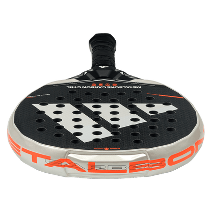 Low angle of the Adidas Metalbone Carbon CTRL 2026 racket face with textured carbon surface and control pattern, designed for advanced players.