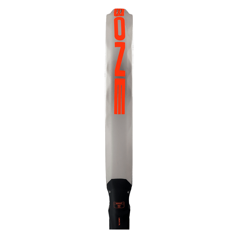 Side view of the Adidas Metalbone Carbon CTRL 2026 padel racket showing slim profile and orange ONE design, designed for advanced players.