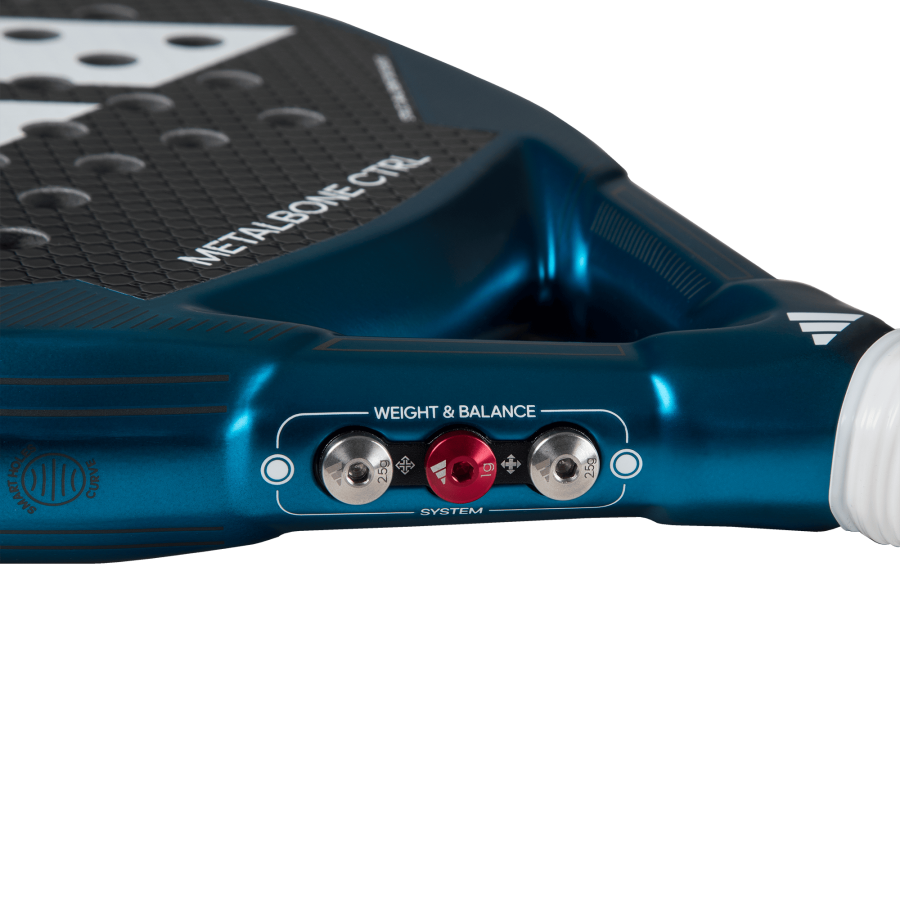 Adidas Metalbone CTRL 3.3 padel racket weight and balance system close up with adjustable screws, designed for advanced players