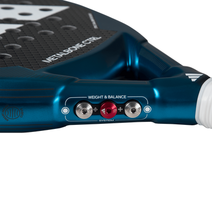 Adidas Metalbone CTRL 3.3 padel racket weight and balance system close up with adjustable screws, designed for advanced players