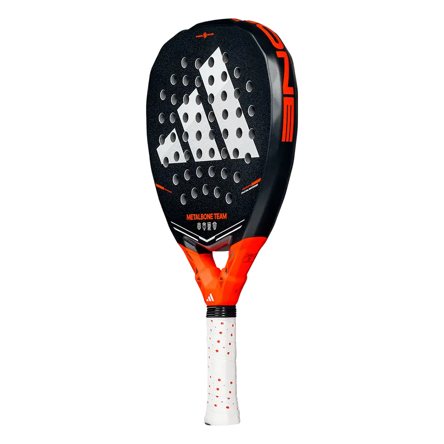 Angled front view of Adidas Metalbone Team 2026 padel racket highlighting sweet spot and face texture, designed for intermediate players