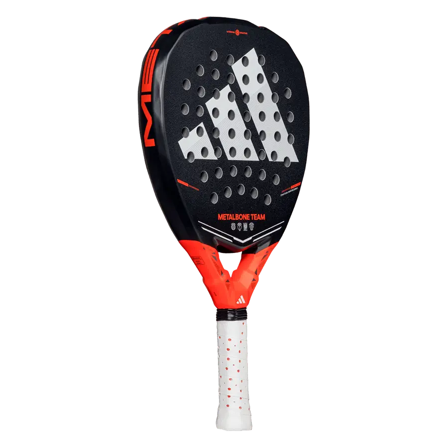 Angled front view of Adidas Metalbone Team 2026 padel racket highlighting sweet spot and face texture, designed for intermediate players