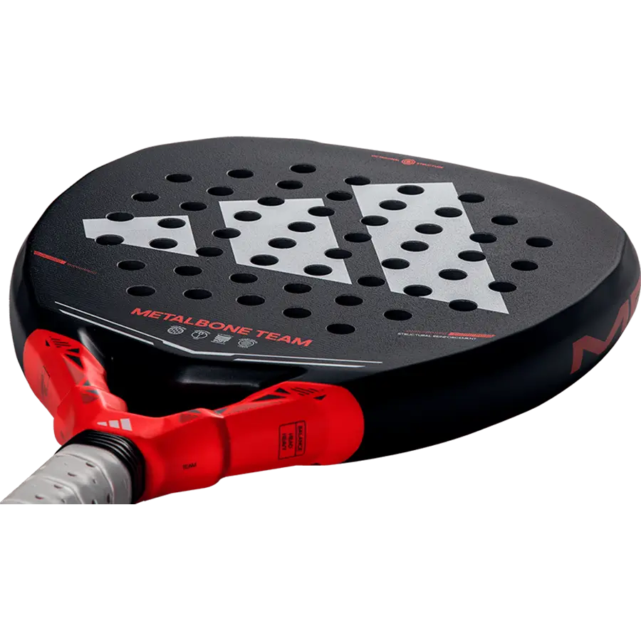 Close up of Adidas Metalbone Team 2026 padel racket face showing textured surface for spin and control, designed for intermediate players