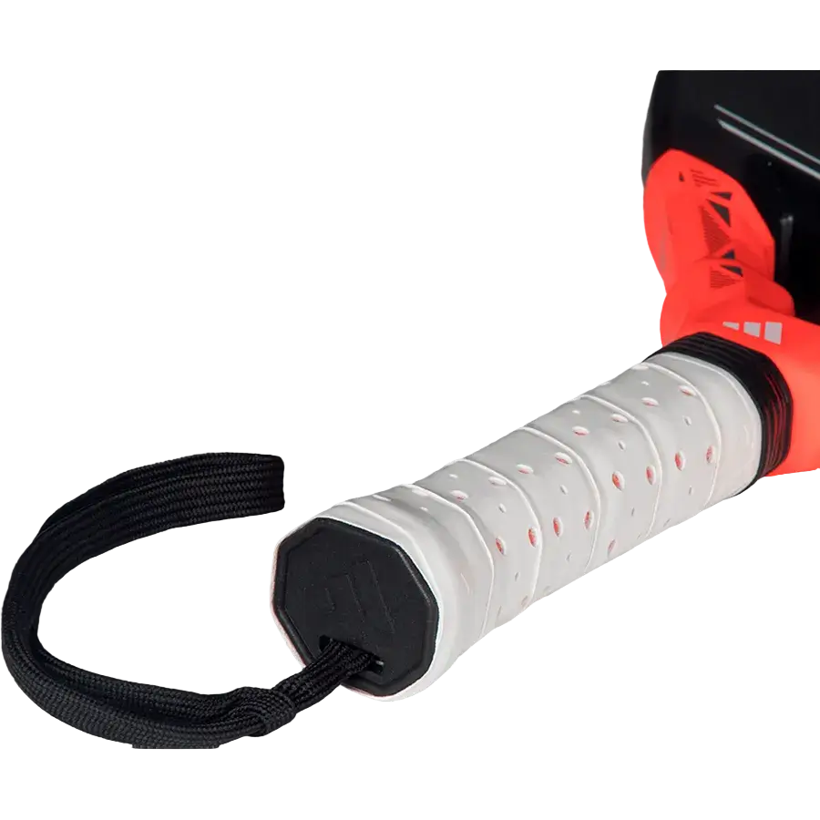 Close up of Adidas Metalbone Team 2026 padel racket handle with cushioned grip and wrist strap, designed for intermediate players