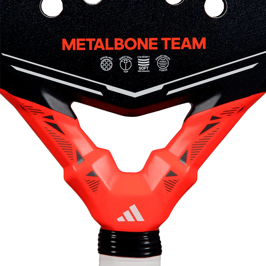Adidas Metalbone Team 2026 padel racket throat detail highlighting structural reinforcement and control, designed for intermediate players