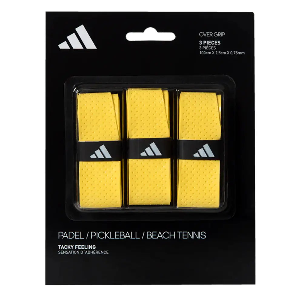3 pack of yellow adidas overgrips. Suitable for padel, pickleball and beach tennis.