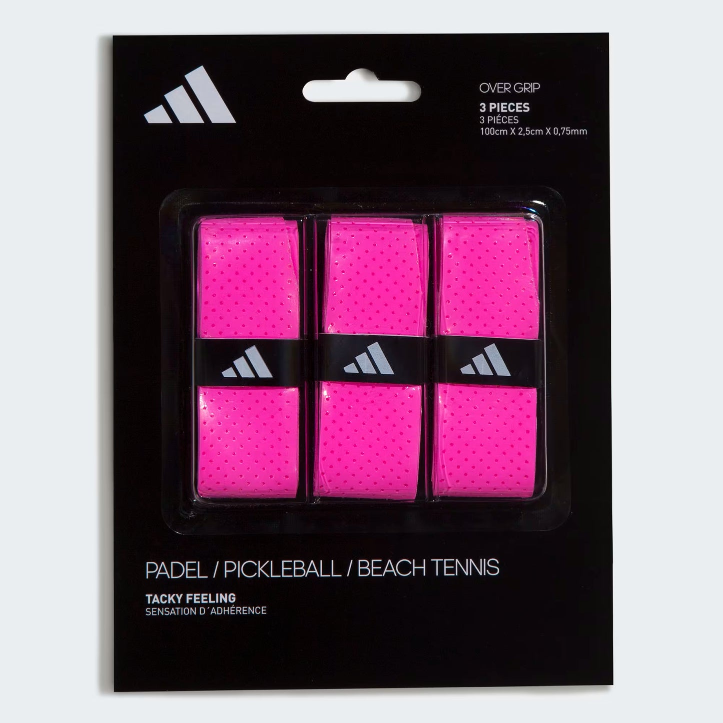 adidas pink padel overgrip 3 pack, solar pink overgrips with soft tacky feel and sweat absorbing microperforated surface