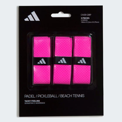 adidas pink padel overgrip 3 pack, solar pink overgrips with soft tacky feel and sweat absorbing microperforated surface