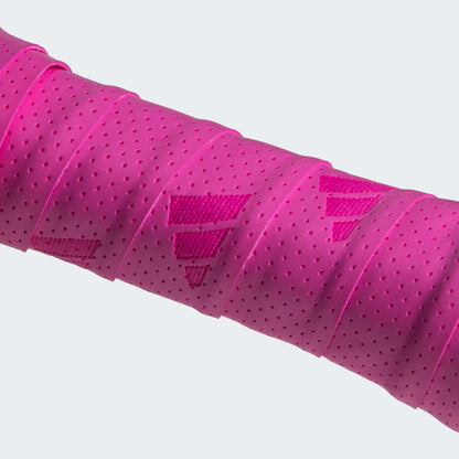 close up of adidas pink padel overgrip texture, microperforated surface for sweat absorption and secure tacky grip