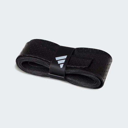 Close up image of a single Adidas padel tennis overgrip. Black on a white background