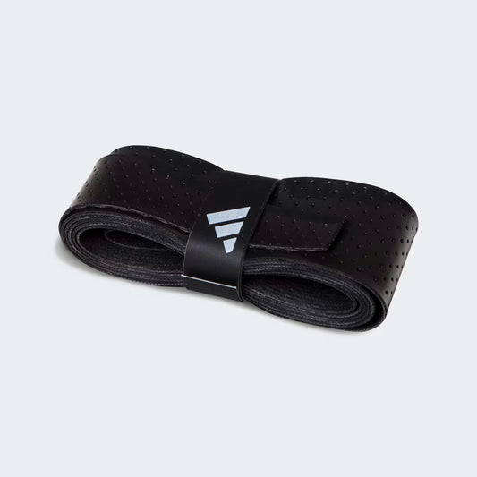 Close up image of a single Adidas padel tennis overgrip. Black on a white background