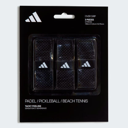 Black Adidas overgrips in a sealed package with branding. Pack of three