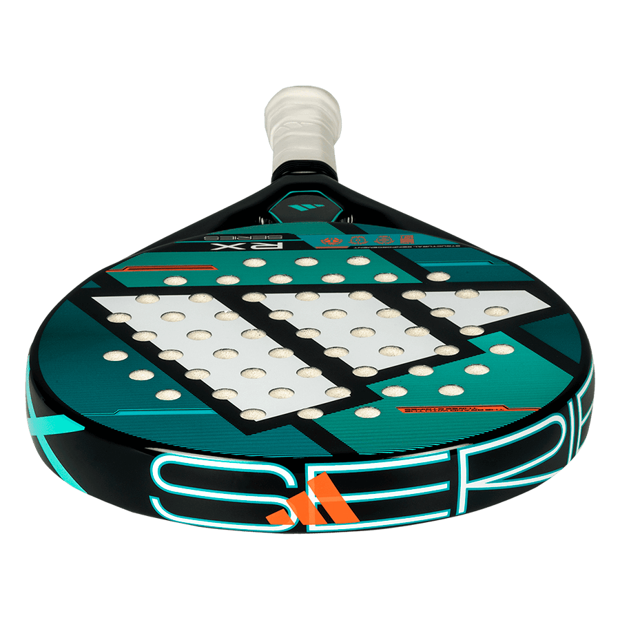 adidas rx series 2026 padel racket close up textured hitting surface and smart holes lineal pattern.