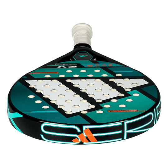 adidas rx series 2026 padel racket close up textured hitting surface and smart holes lineal pattern.