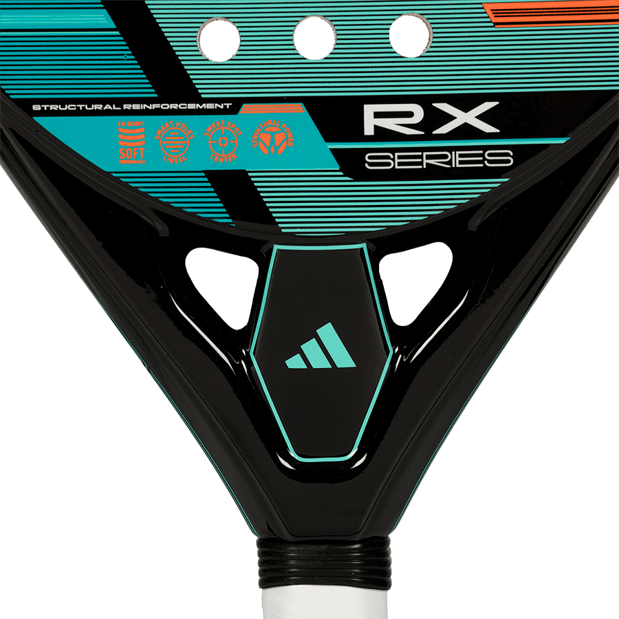 adidas rx series 2026 padel racket close up of the bridge and branding detailing designed for intermediate players