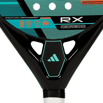 adidas rx series 2026 padel racket close up of the bridge and branding detailing designed for intermediate players