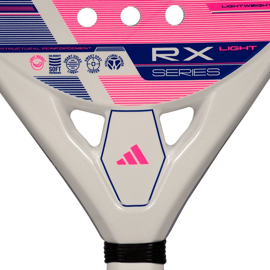 adidas rx series light 2026 padel racket neck close up showing logo and structural reinforcement details designed for intermediate players.