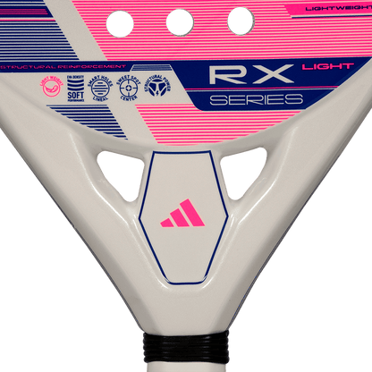 adidas rx series light 2026 padel racket neck close up showing logo and structural reinforcement details designed for intermediate players.