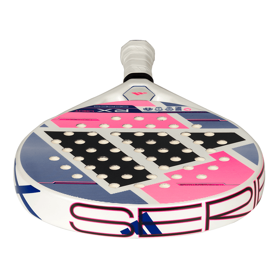 adidas rx series light 2026 padel racket shown from a lower front angle with pink and blue design.