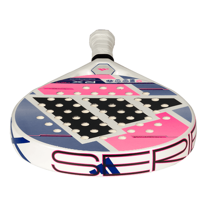 adidas rx series light 2026 padel racket shown from a lower front angle with pink and blue design.