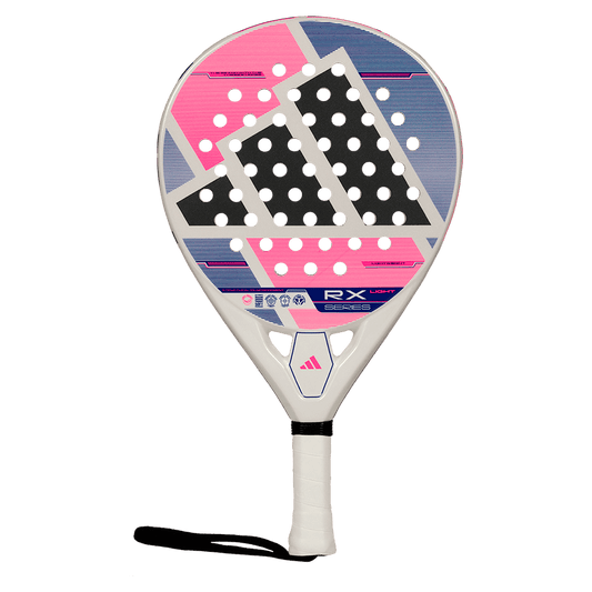 adidas rx series light 2026 padel racket full front view with pink blue and white pattern.