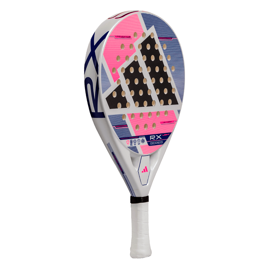 adidas rx series light 2026 padel racket angled view highlighting lightweight frame and colourful surface design.