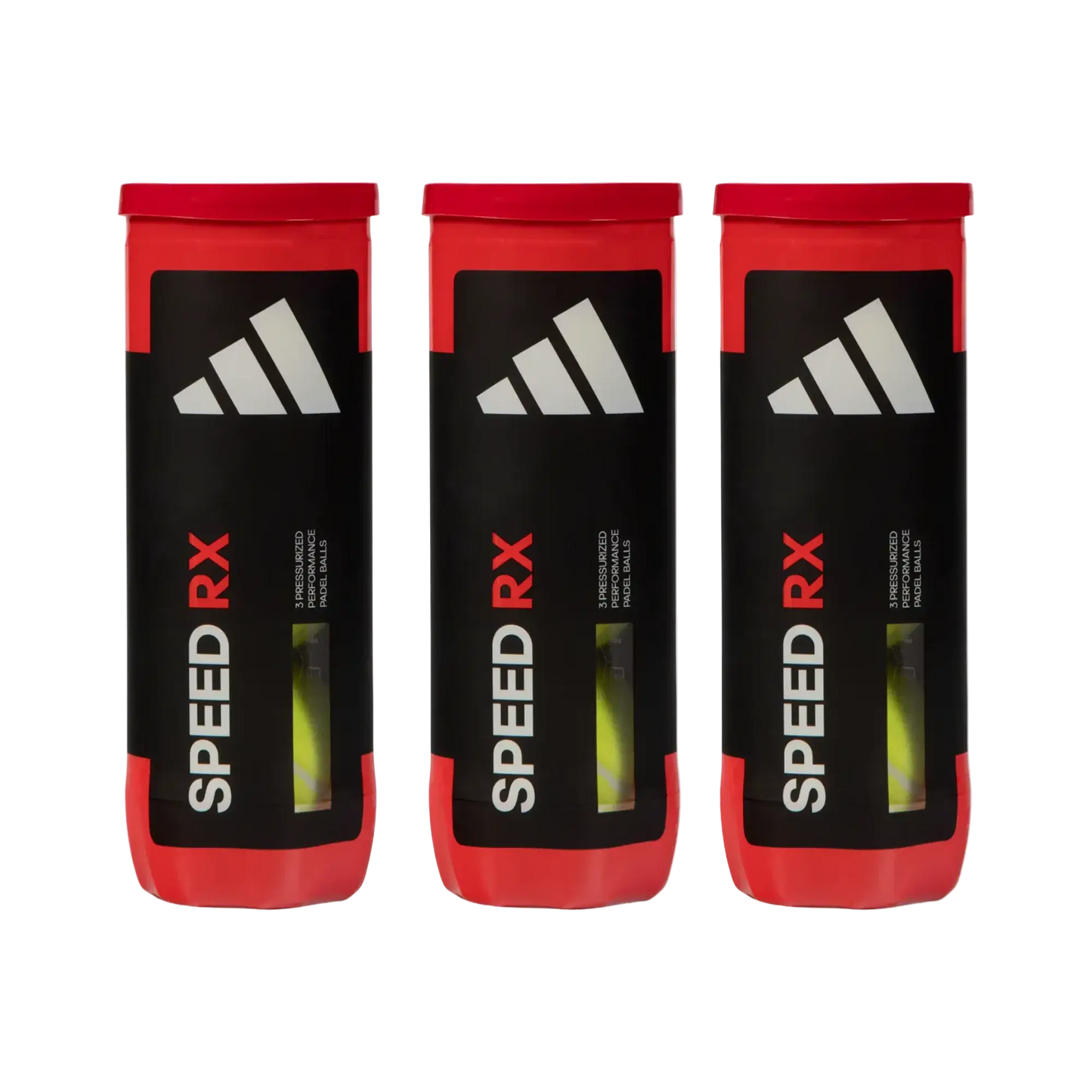 adidas RX speed padel balls, three tubes with 9 balls. Black and red tubes with adidas logo.