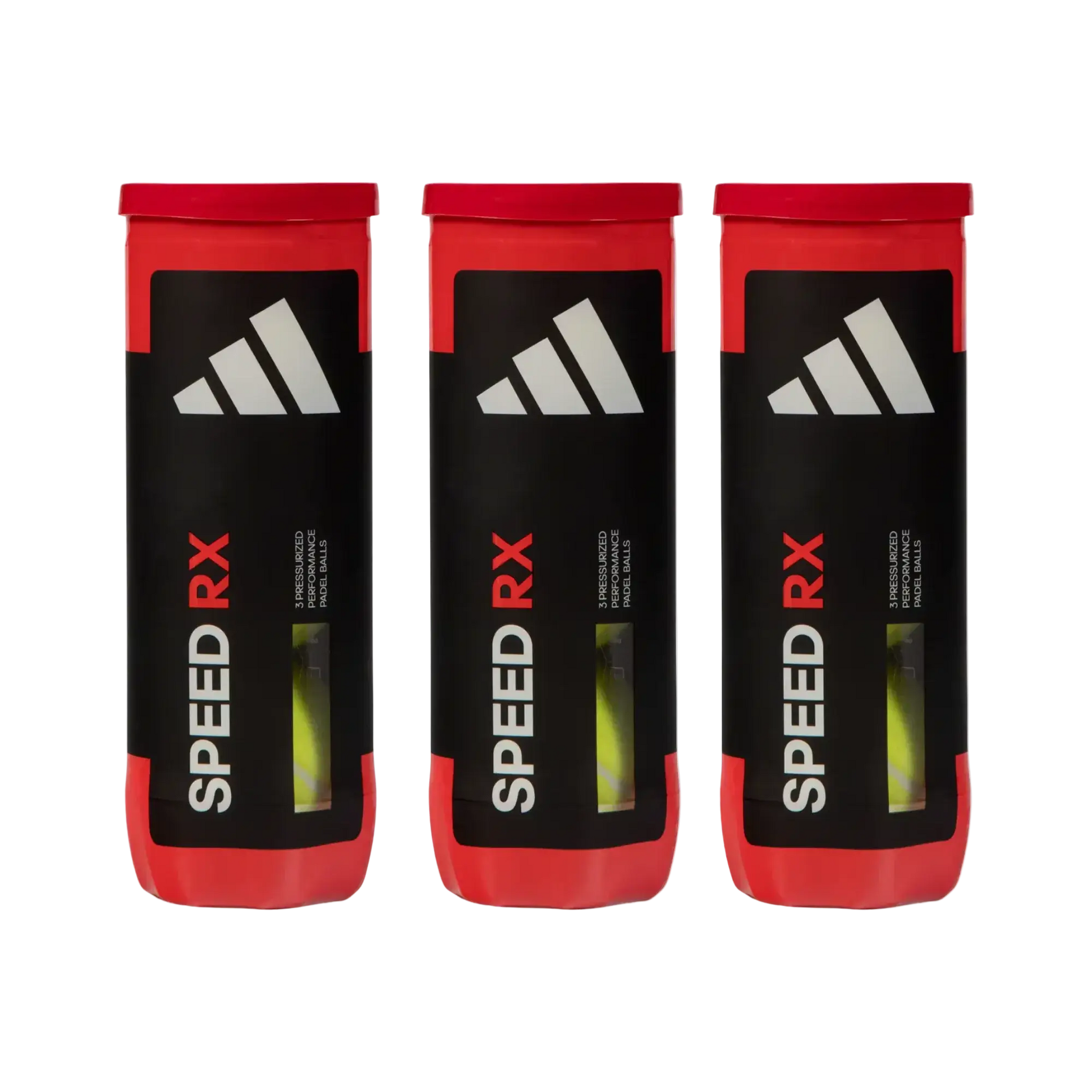 adidas RX speed padel balls, three tubes with 9 balls. Black and red tubes with adidas logo.