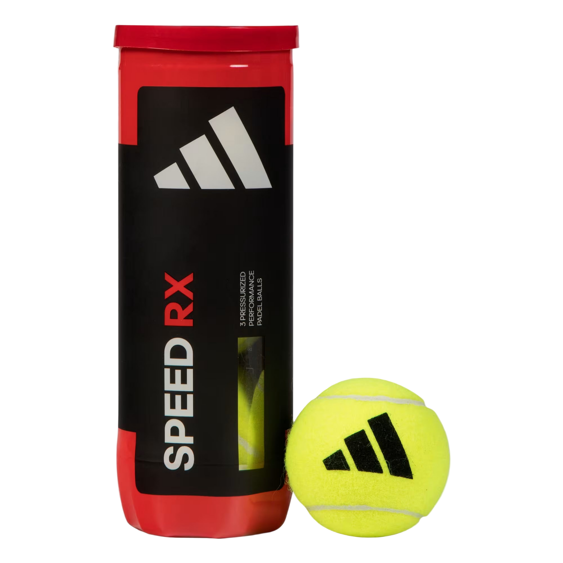 adidas Speed RX padel balls front view, black and red tube showing Speed RX branding with 1 yellow padel ball. 
