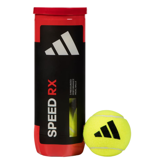 adidas Speed RX padel balls front view, black and red tube showing Speed RX branding with 1 yellow padel ball. 