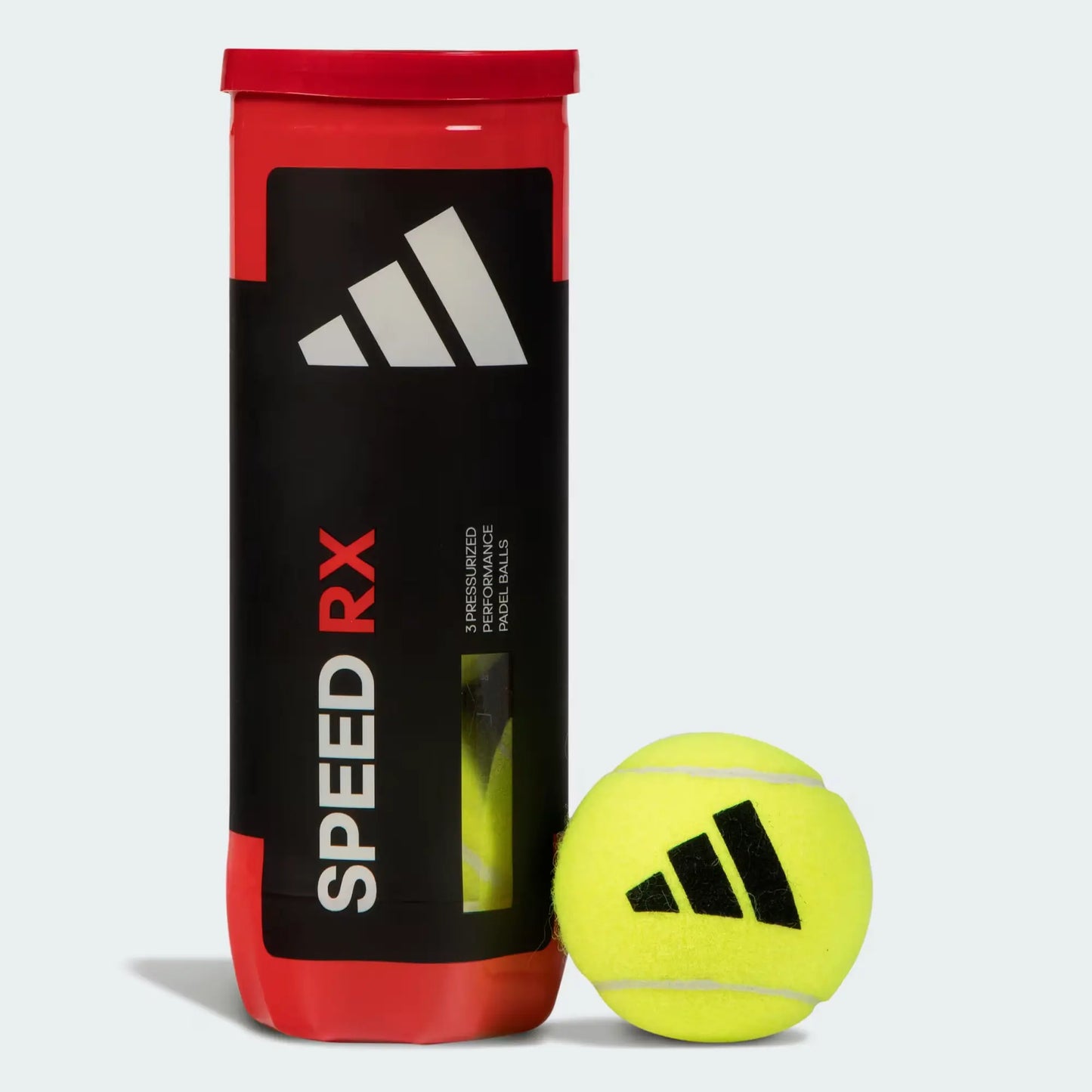 adidas RX speed padel balls, 1 tube with 3 balls. Black and red tubes with adidas logo with yellow padel ball. 