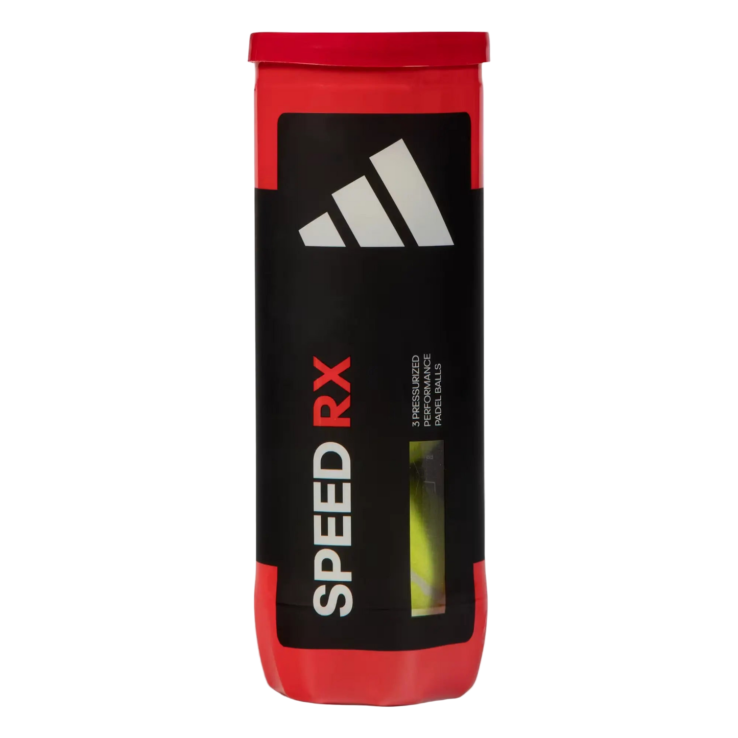 adidas Speed RX padel balls front view, black and red tube showing Speed RX branding. 1 tube 3 balls.