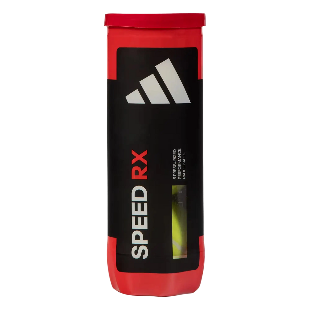 adidas Speed RX padel balls front view, black and red tube showing Speed RX branding.