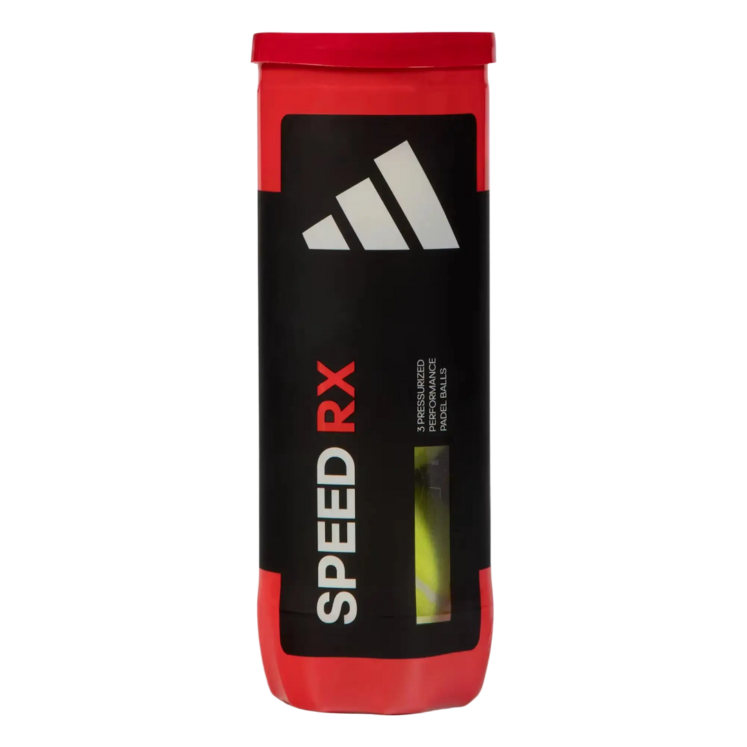 adidas Speed RX padel balls front view, black and red tube showing Speed RX branding.