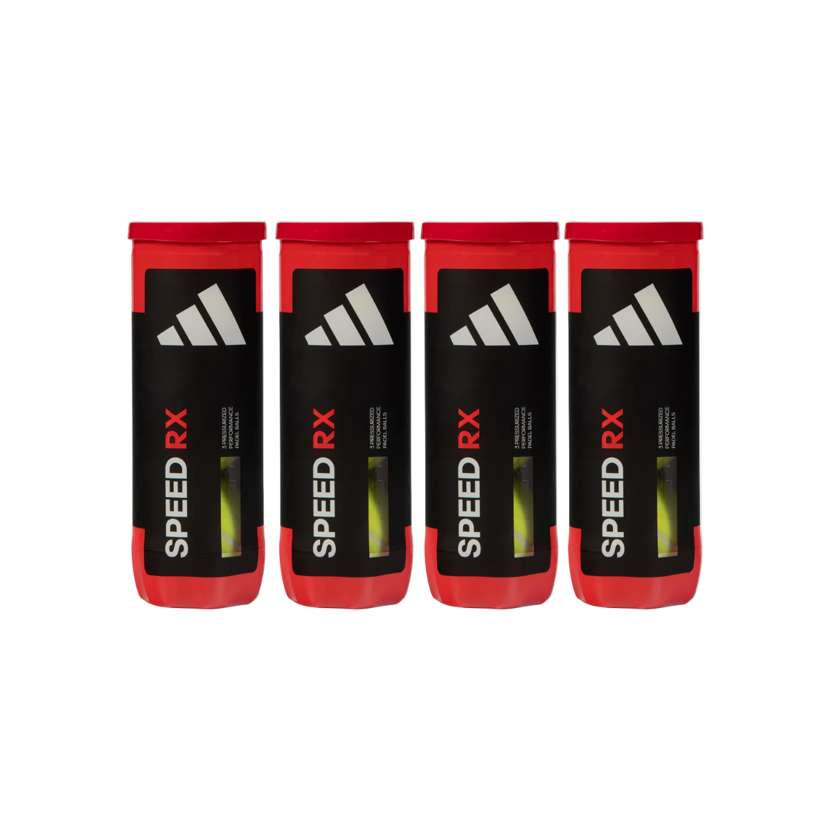 Four adidas Speed RX padel ball tubes front view, black and red design with visible balls.