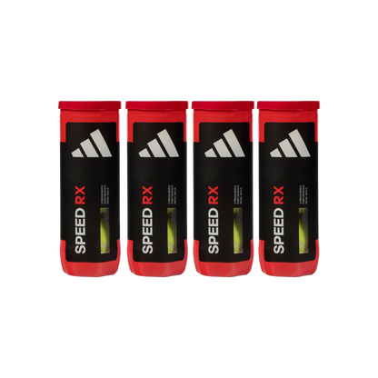 Four adidas Speed RX padel ball tubes front view, black and red design with visible balls.