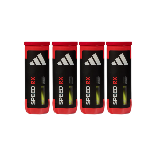 Four adidas Speed RX padel ball tubes front view, black and red design with visible balls.