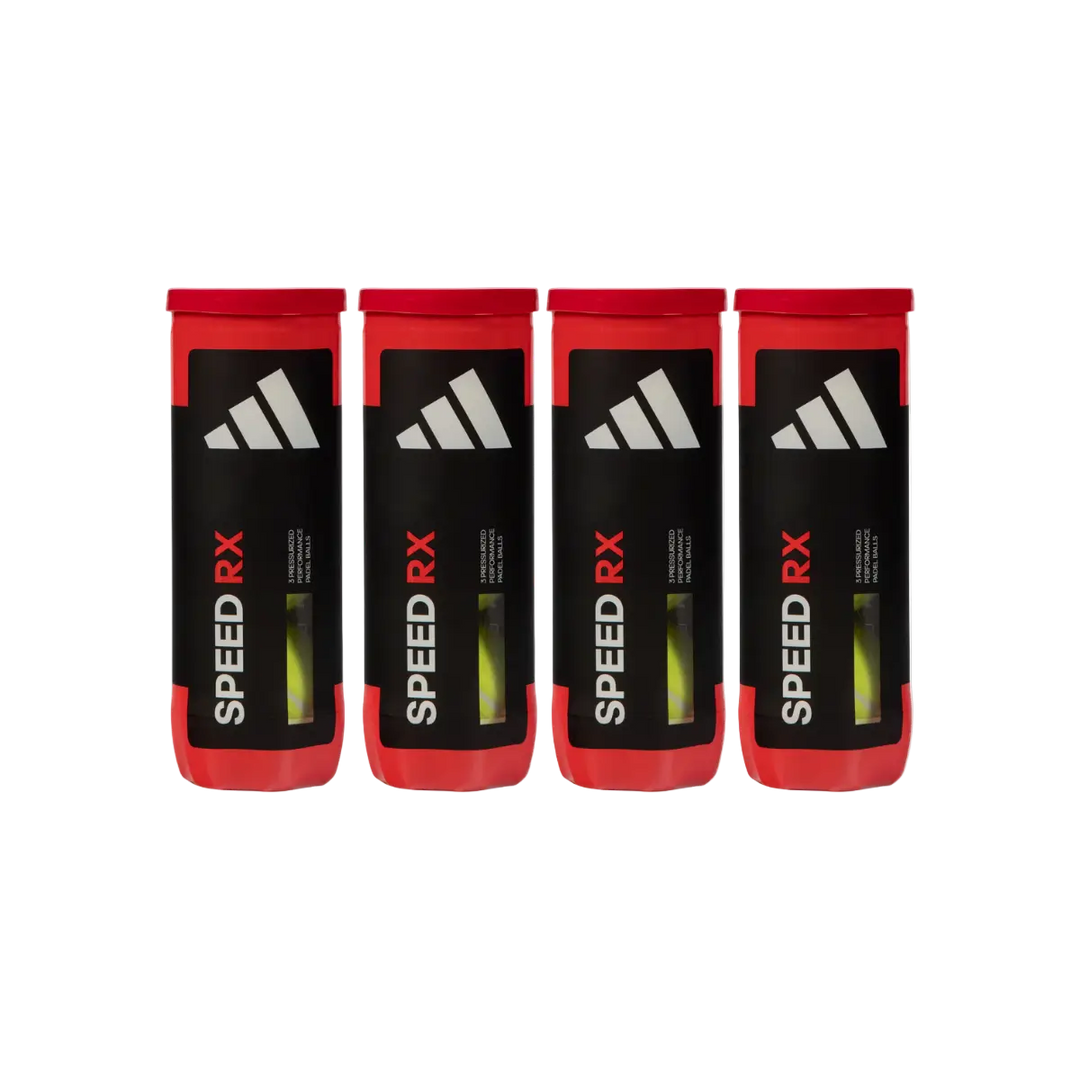 Four adidas Speed RX padel ball tubes front view, black and red design with visible balls.