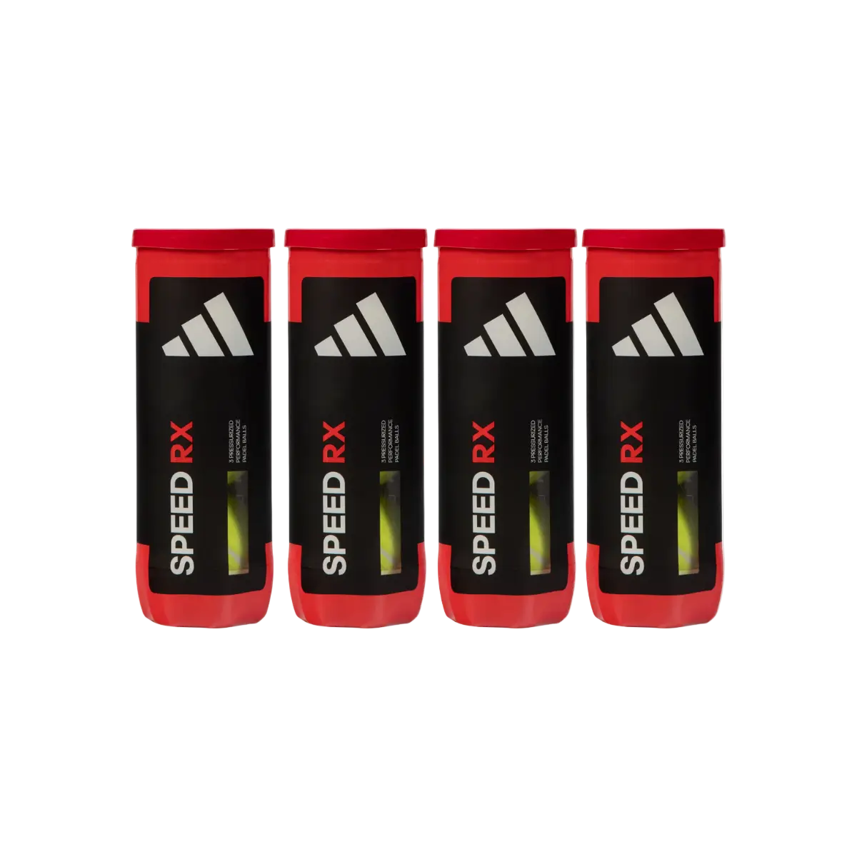 Four adidas Speed RX padel ball tubes front view, black and red design with visible balls.