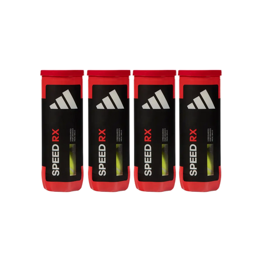 Four adidas Speed RX padel ball tubes front view, black and red design with visible balls.