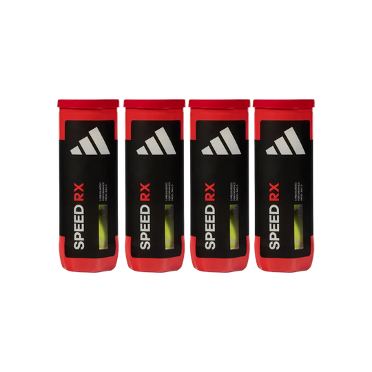 Four adidas Speed RX padel ball tubes front view, black and red design with visible balls.