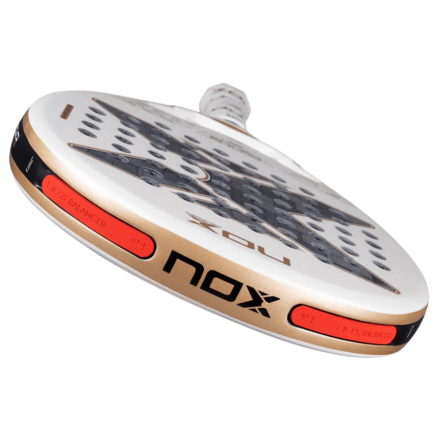 NOX AT10 Luxury Genius 12K Alum XTREM 2026 padel racket angled view with gold branding, designed for advanced players