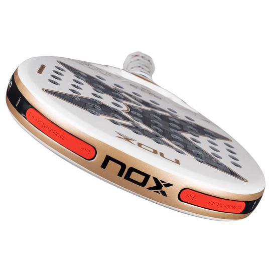 NOX AT10 Luxury Genius 12K Alum XTREM 2026 padel racket angled view with gold branding, designed for advanced players
