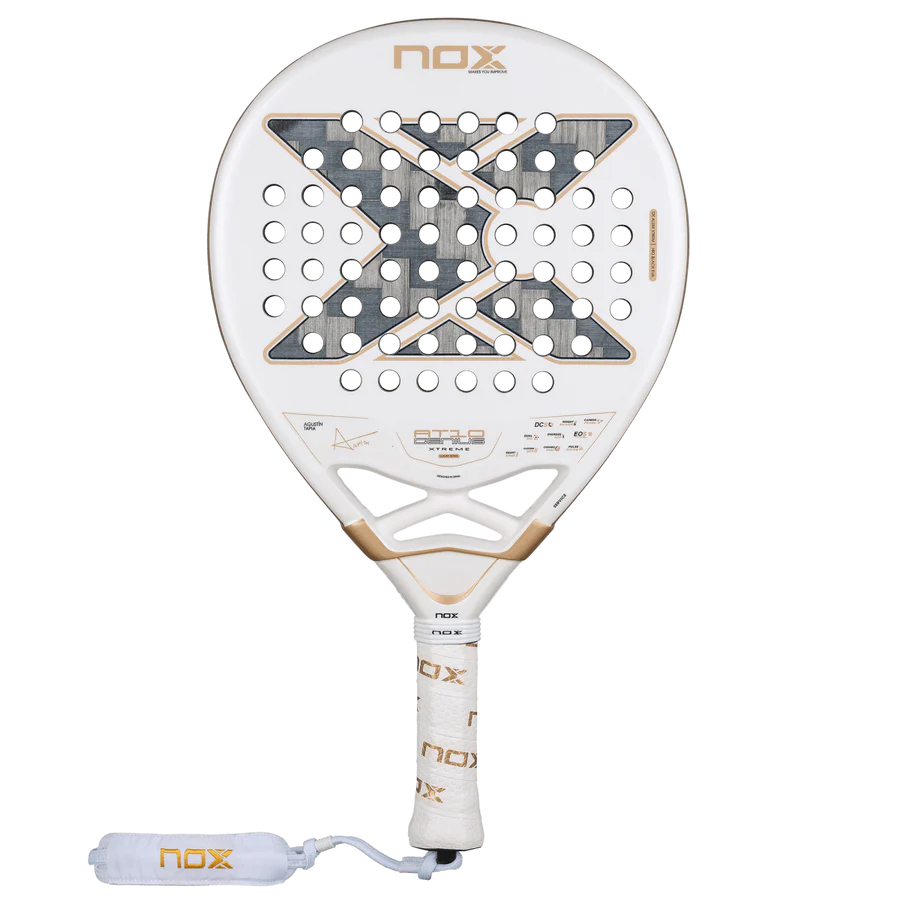 NOX AT10 Luxury Genius 12K Alum XTREM 2026 padel racket front view, white and gold design with textured surface, for advanced players.
