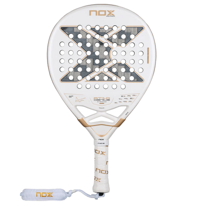 NOX AT10 Luxury Genius 12K Alum XTREM 2026 padel racket front view, white and gold design with textured surface, for advanced players.