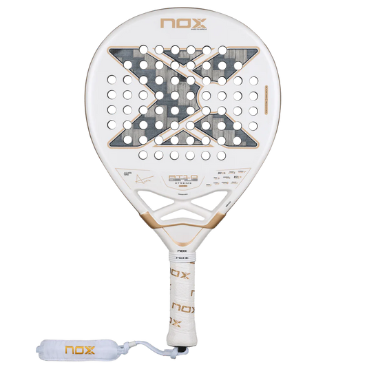 NOX AT10 Luxury Genius 12K Alum XTREM 2026 padel racket front view, white and gold design with textured surface, for advanced players.