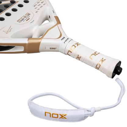 NOX AT10 Luxury Genius 12K Alum XTREM 2026 padel racket handle close-up with white grip and strap, designed for advanced players.