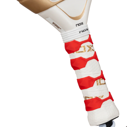 NOX AT10 Luxury Genius 12K Alum XTREM 2026 padel racket overgrip close-up with red tape and gold branding, designed for advanced players.